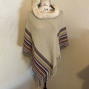 Northern Angel Multi Color Faux Fur Collar Knit Fringe Poncho